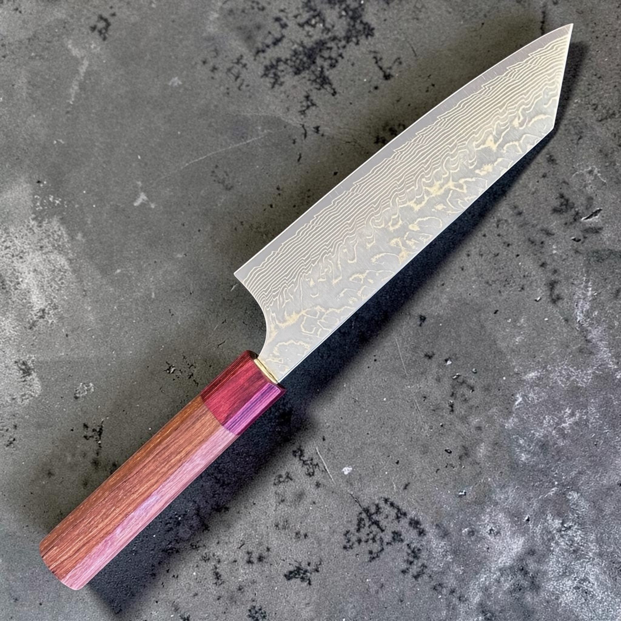 Yoshimi Kato SG2 Damascus Bunka 170 mm with Honduran wood handle and red pakkawood ferrule, blade pattern detail view.
