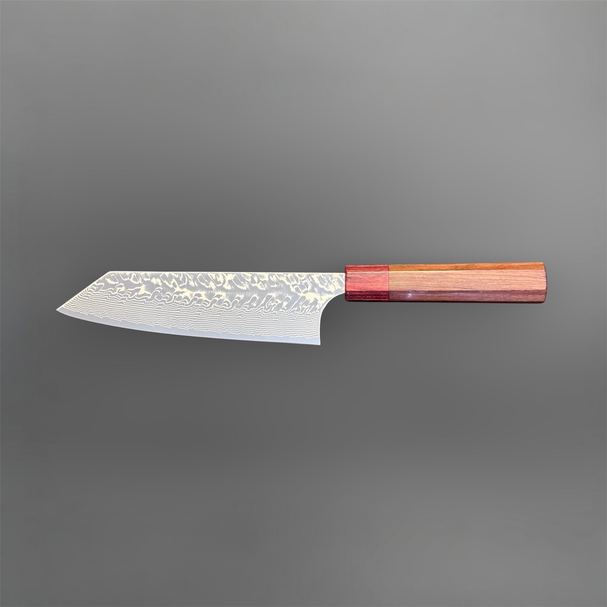 Yoshimi Kato SG2 Damascus Bunka 170 mm with Honduran wood handle and red pakkawood ferrule, reverse side profile view.