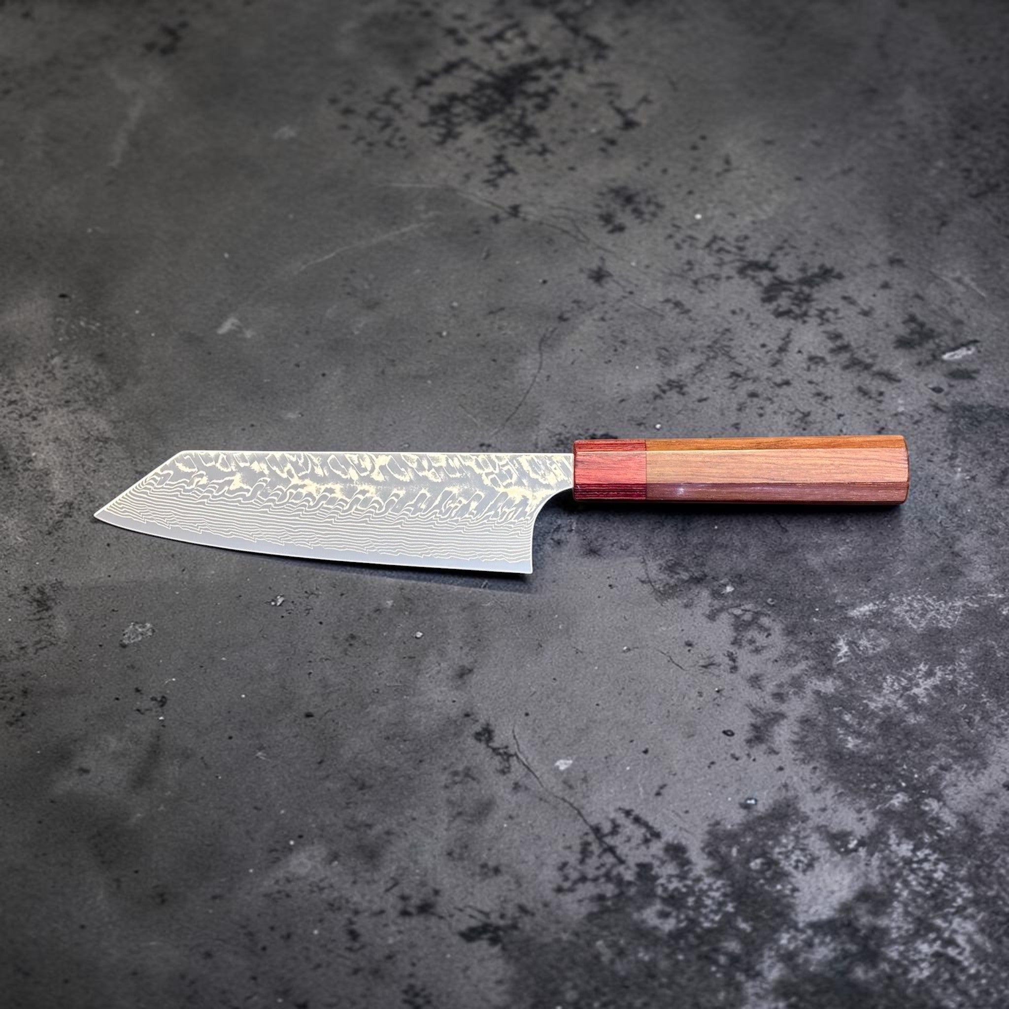 Yoshimi Kato SG2 Damascus Bunka 170 mm with Honduran wood handle and red pakkawood ferrule, reverse side profile view.