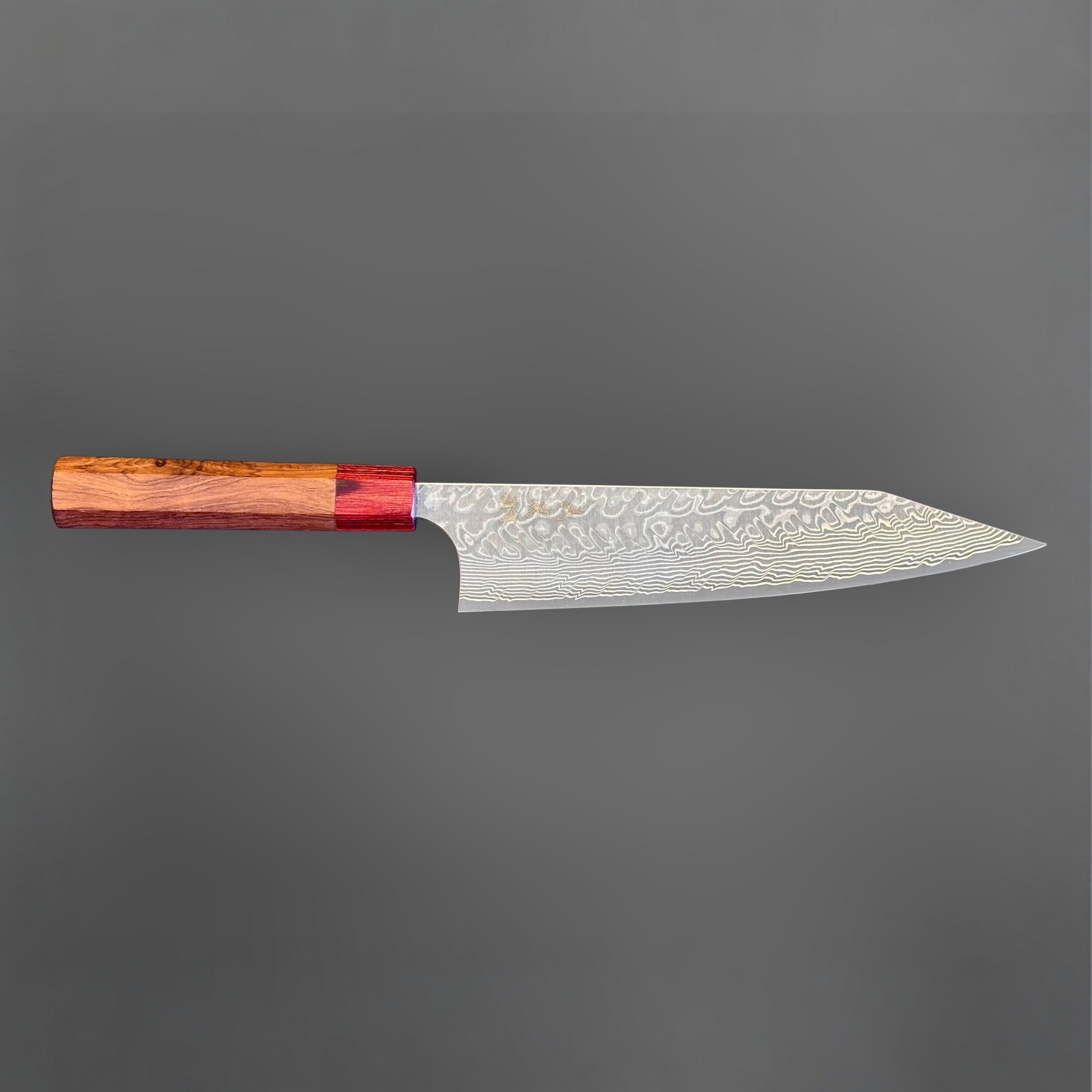 Yoshimi Kato SG2 Kuro Damascus Kiritsuke 210 mm with Honduran wood handle, full side profile showing blade length and handle shape.