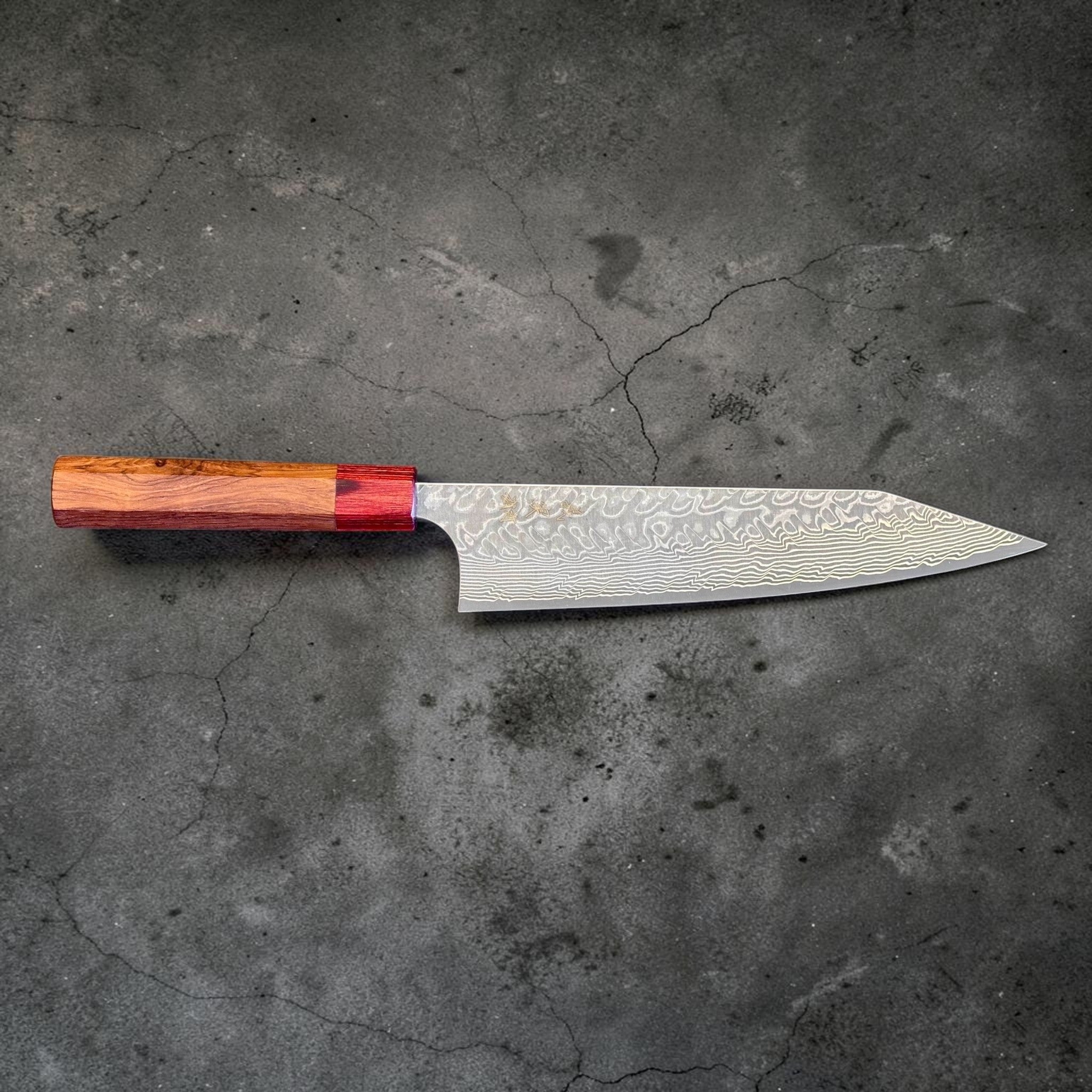 Yoshimi Kato SG2 Kuro Damascus Kiritsuke 210 mm with Honduran wood handle, full side profile showing blade length and handle shape.