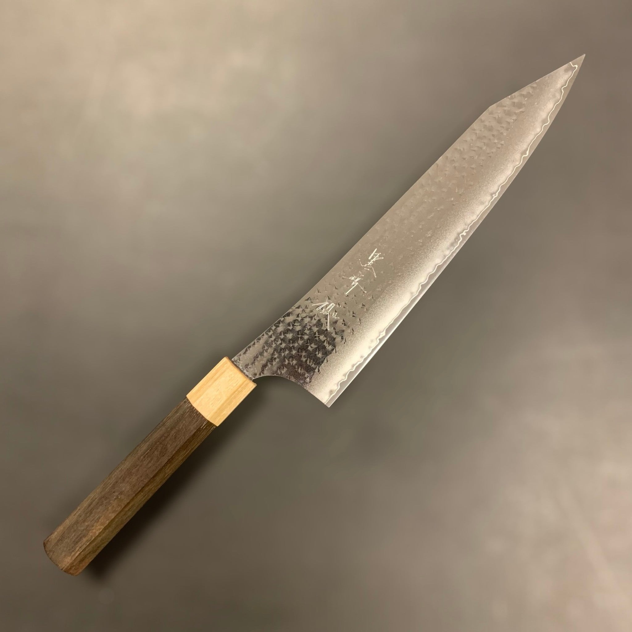 Yu Kurosaki Senko Ei SG2 Gyuto 240 mm — full-length view on neutral background with pointed tip. Right Side with Kanji