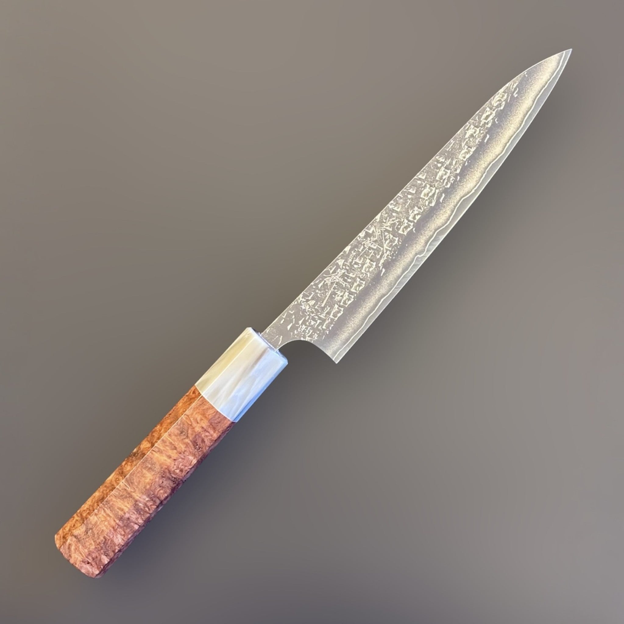 Yu Kurosaki Shizuku SG2 Petty 150 mm with Amboyna burl and buffalo horn ferrule, hero angled right view.