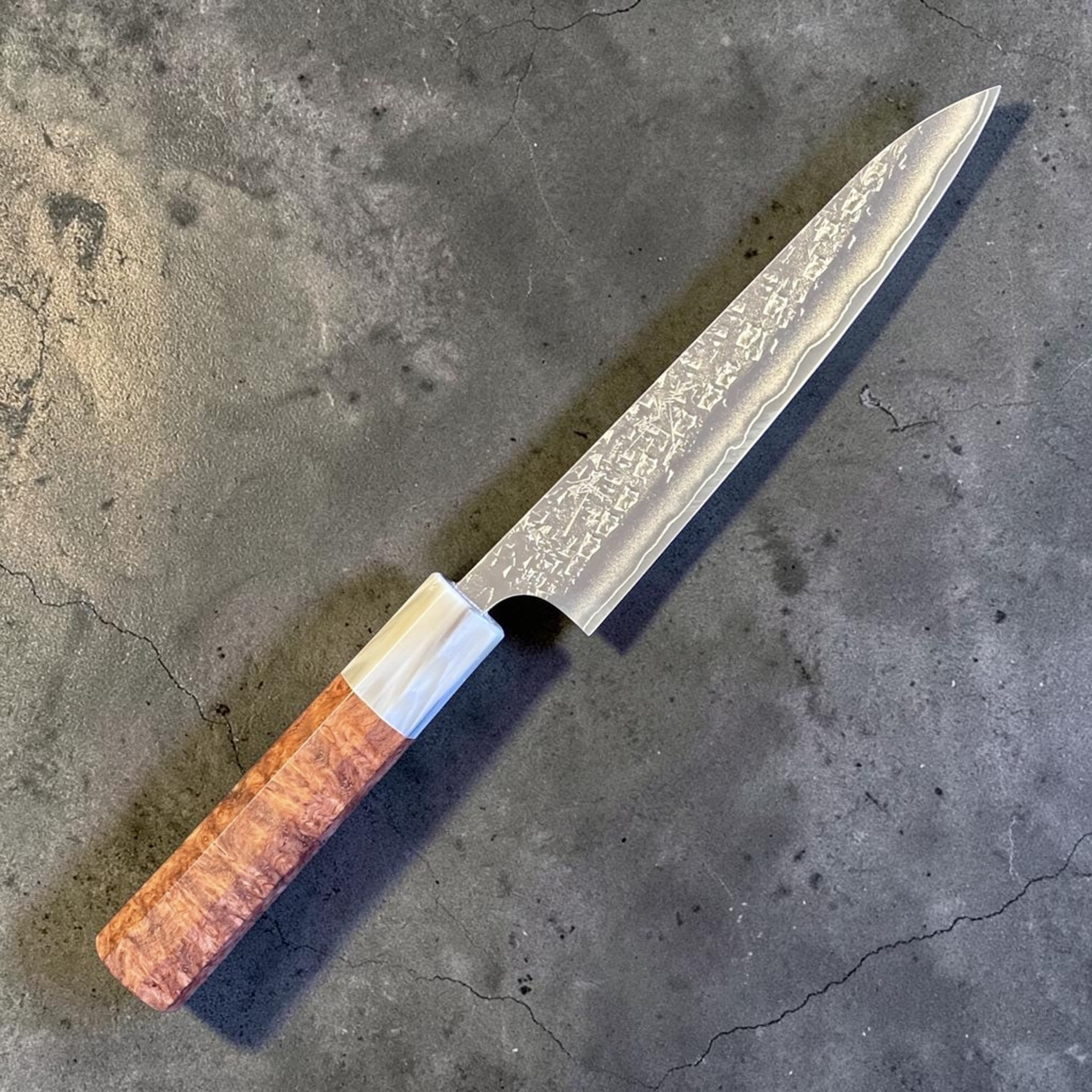 Yu Kurosaki Shizuku SG2 Petty 150 mm with Amboyna burl and buffalo horn ferrule, hero angled right view.