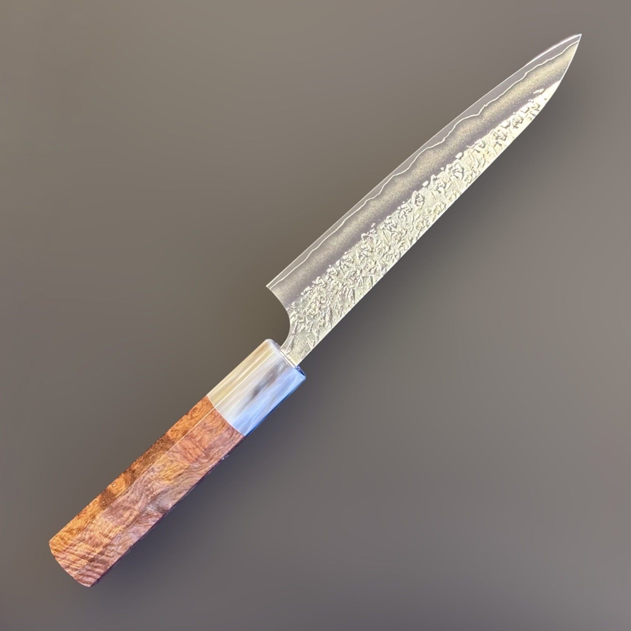 Yu Kurosaki Shizuku SG2 Petty 150 mm with Amboyna burl and buffalo horn ferrule, hero angled left view.