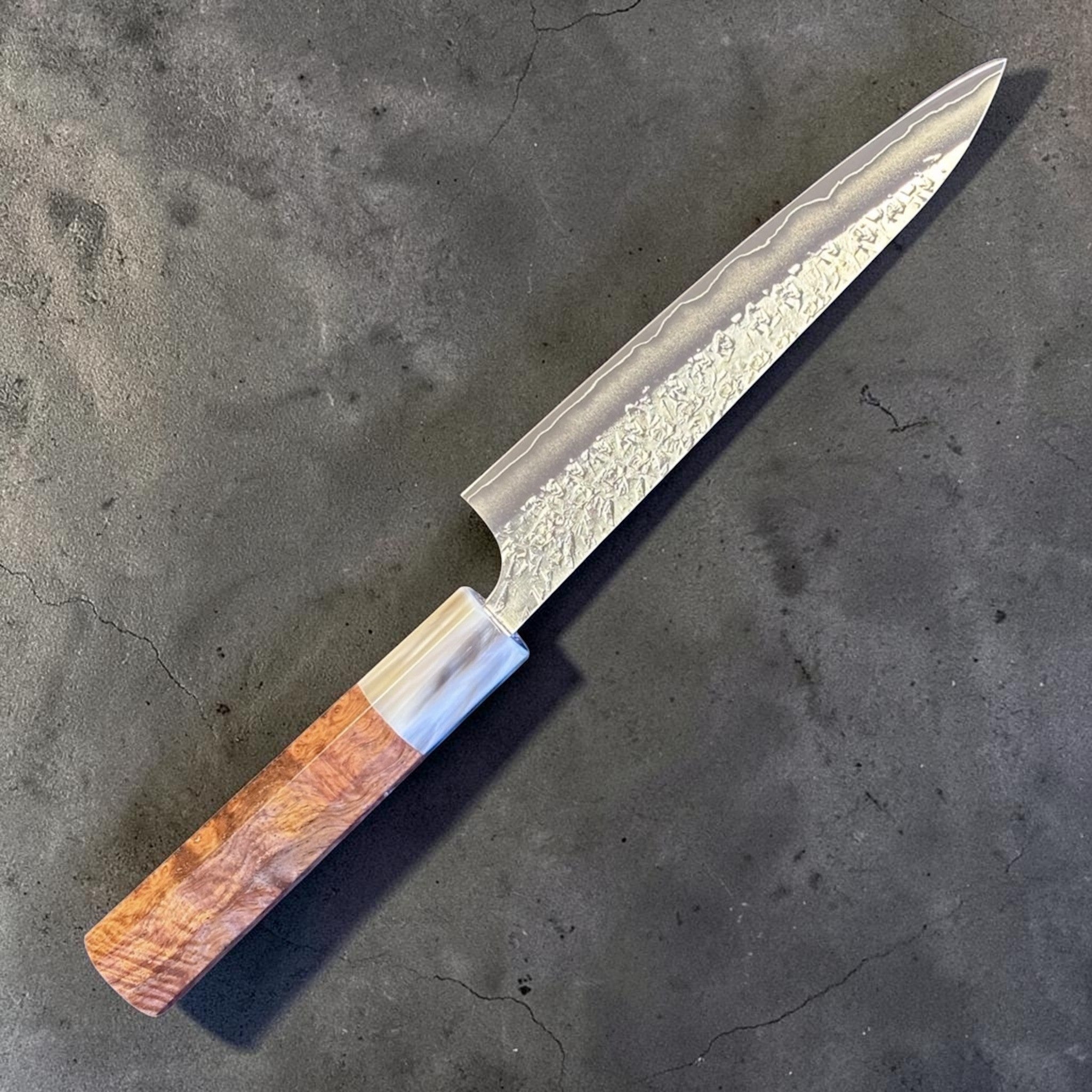 Yu Kurosaki Shizuku SG2 Petty 150 mm with Amboyna burl and buffalo horn ferrule, hero angled left view.