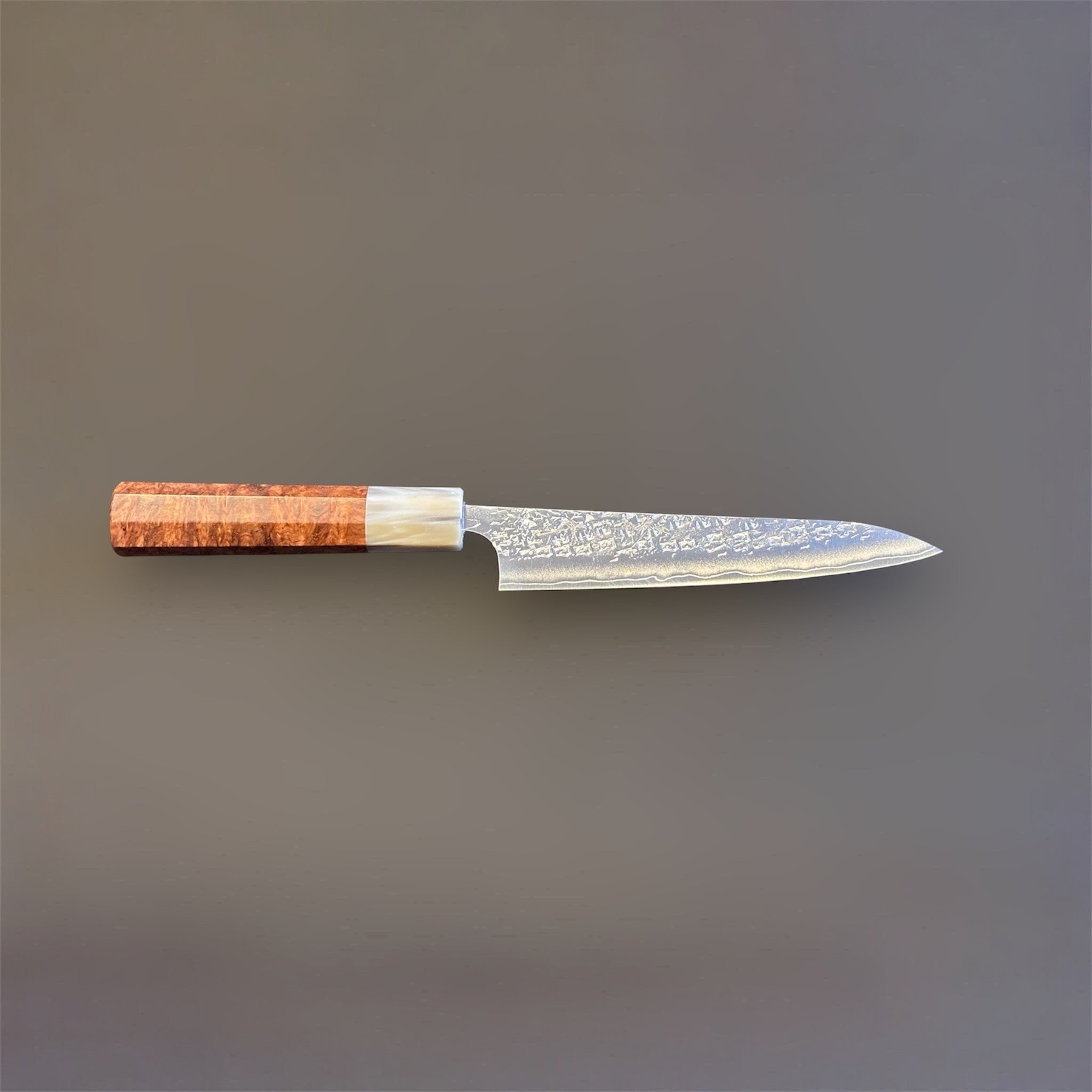 Yu Kurosaki Shizuku SG2 Petty 150 mm with Amboyna burl and buffalo horn ferrule, full profile.