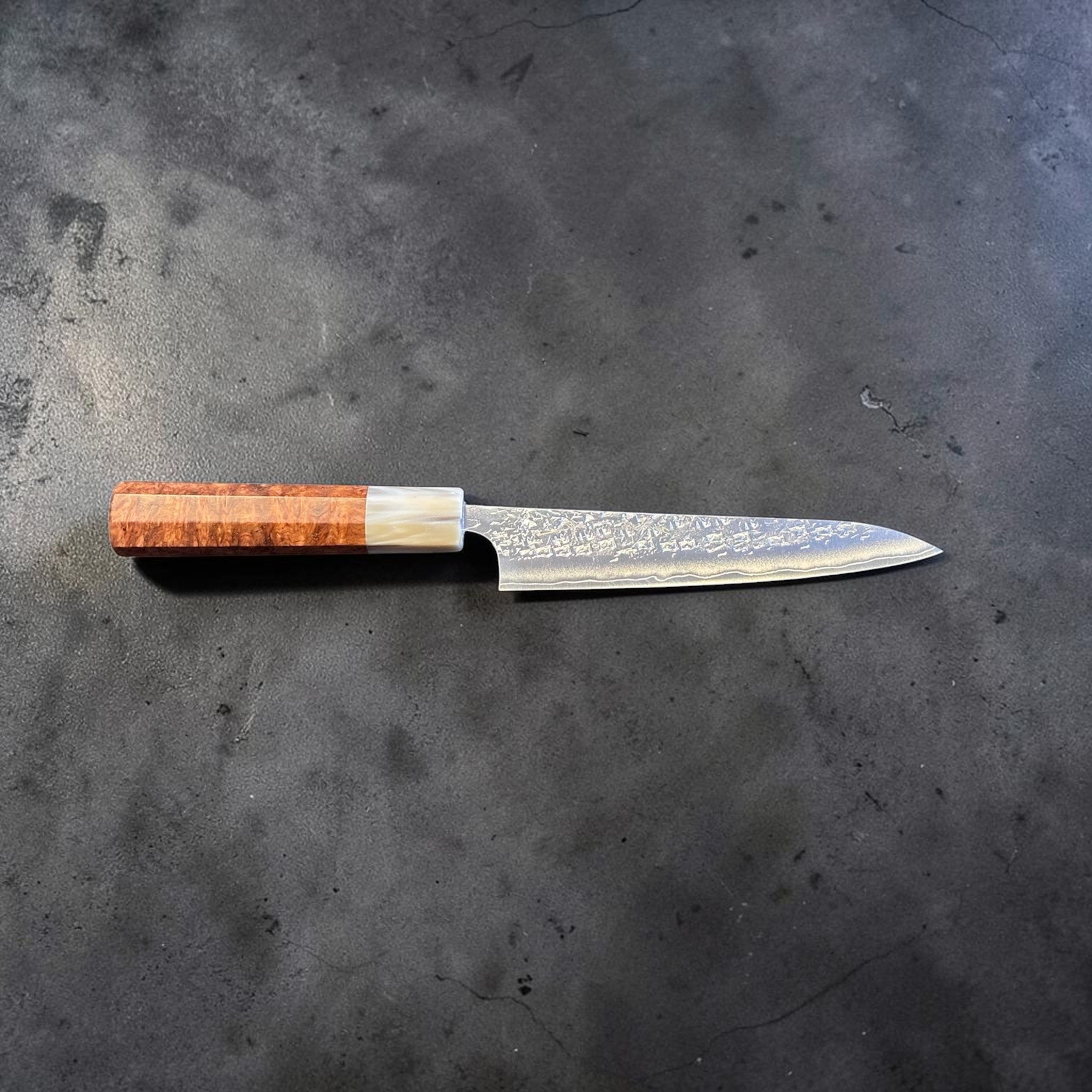 Yu Kurosaki Shizuku SG2 Petty 150 mm with Amboyna burl and buffalo horn ferrule, full profile.