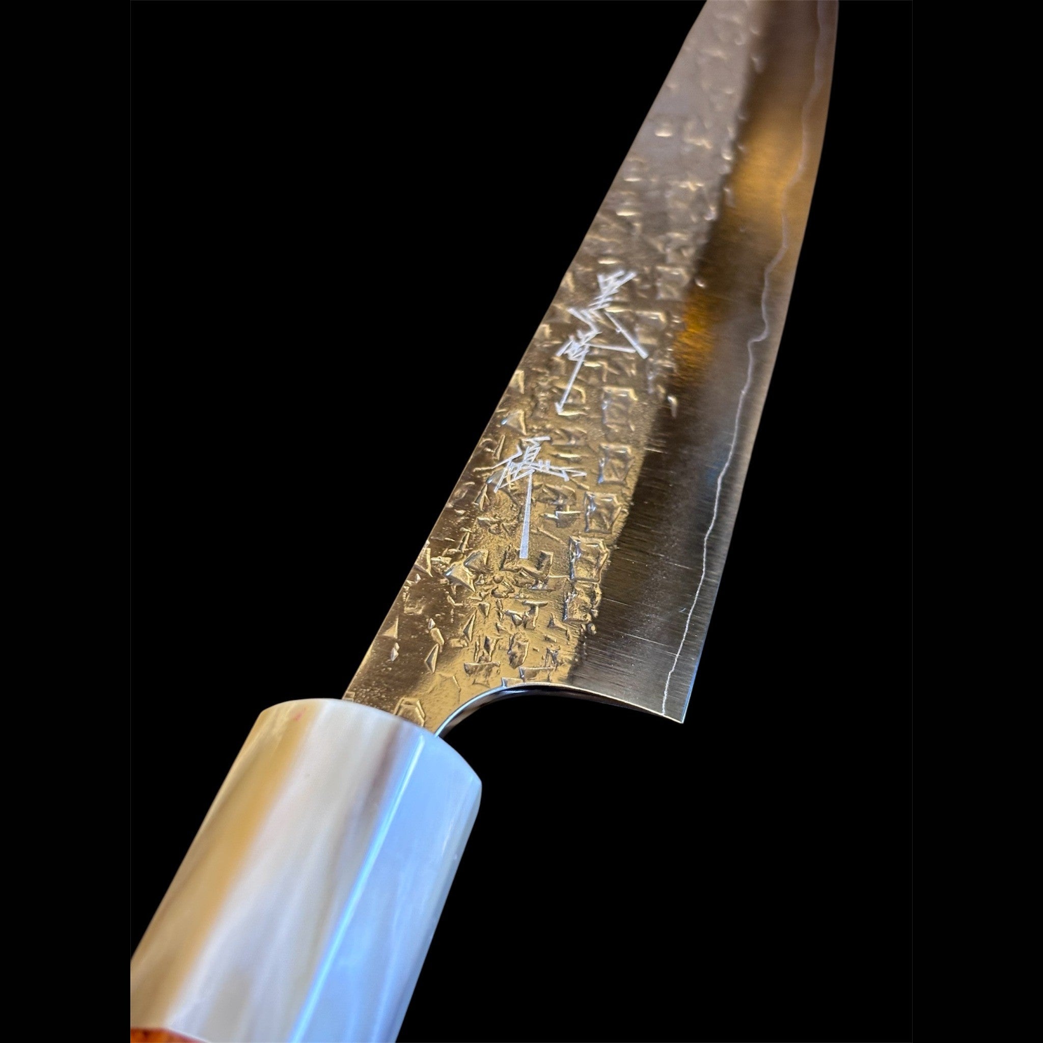 Yu Kurosaki Shizuku SG2 Petty 150 mm with Amboyna burl and buffalo horn ferrule, close-up of blade finish and kanji.