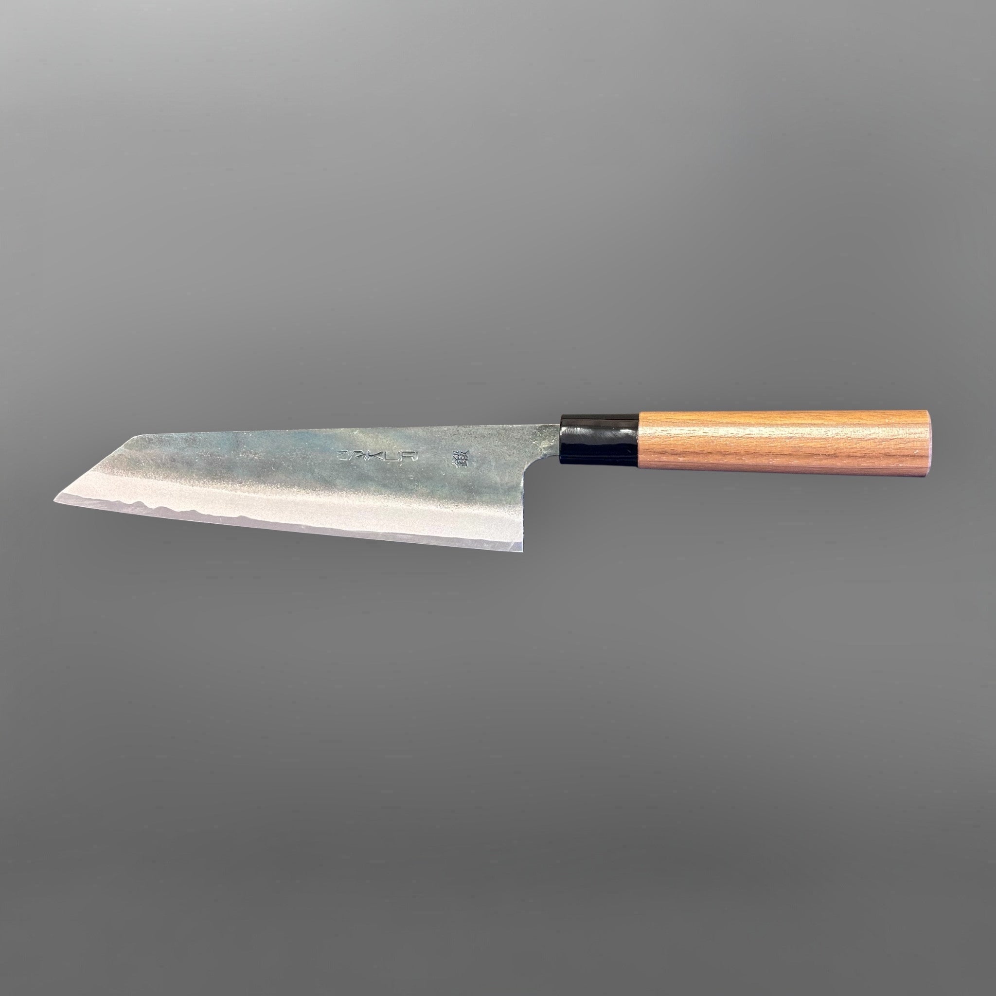 Zakuri AS Kurouchi Bunka 180 mm with kurouchi finish and wa handle, side profile product photo showing blade shape and handle.