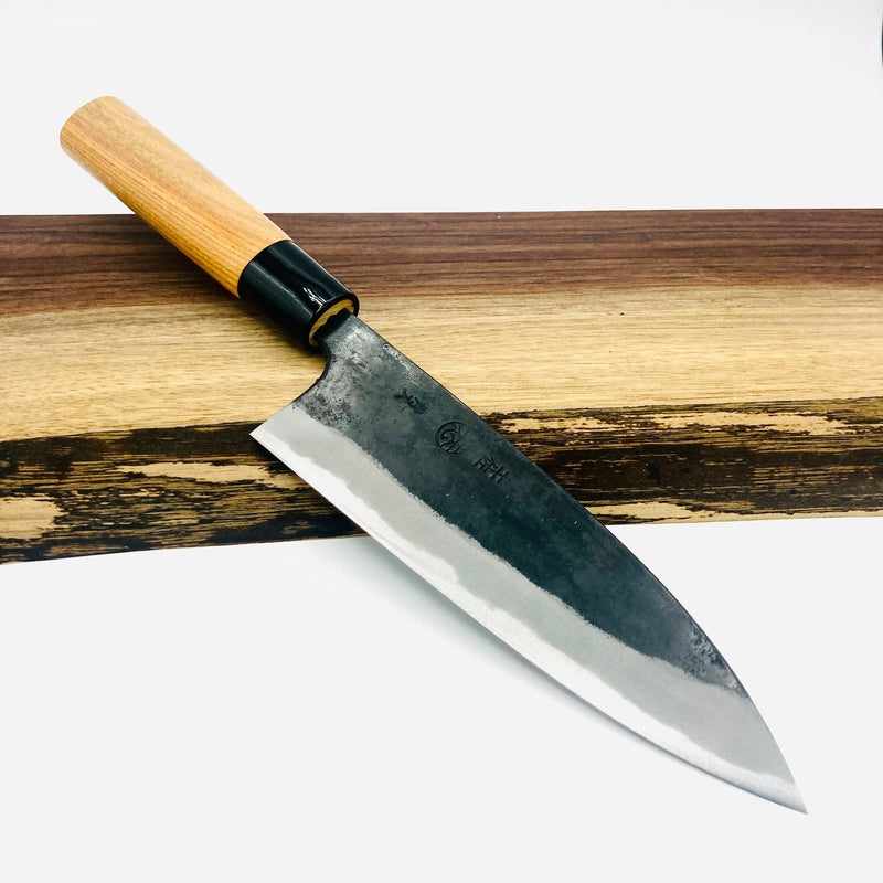 Kyohei Shindo Warikomi Blue #2 Kurouchi 165mm Funayuki with Keyaki Wa Handle and Plastic Ferrule Tokushu Knife.
