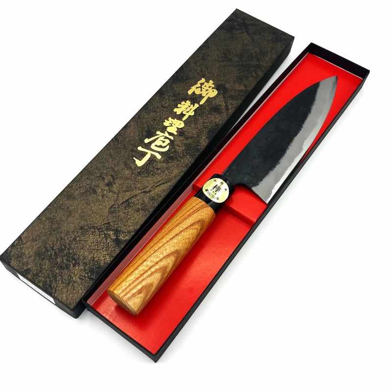 Kyohei Shindo Warikomi Blue #2 Kurouchi 165mm Funayuki with Keyaki Wa Handle and Plastic Ferrule Tokushu Knife.