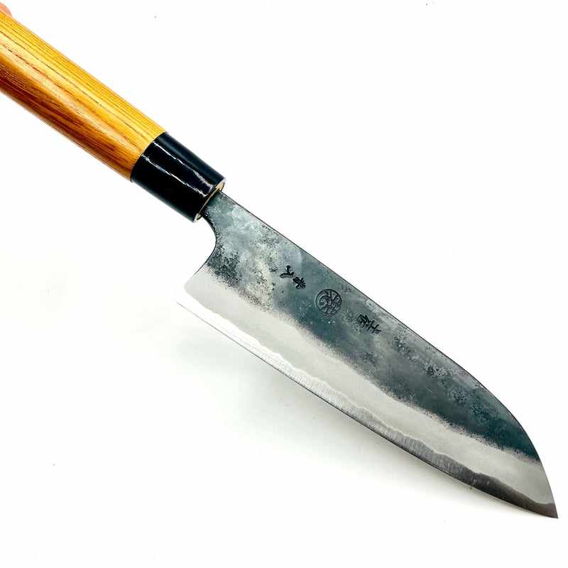 Kyohei Shindo Warikomi Blue #2 Kurouchi 165mm Santoku with Keyaki Wa Handle and Plastic Ferrule Tokushu Knife.