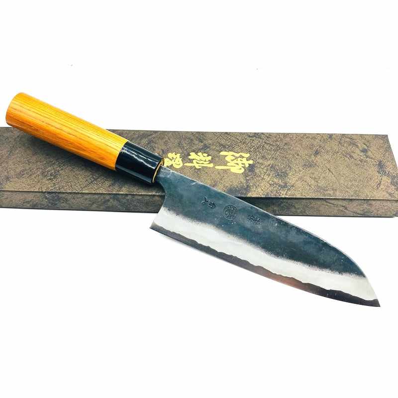 Kyohei Shindo Warikomi Blue #2 Kurouchi 165mm Santoku with Keyaki Wa Handle and Plastic Ferrule Tokushu Knife.