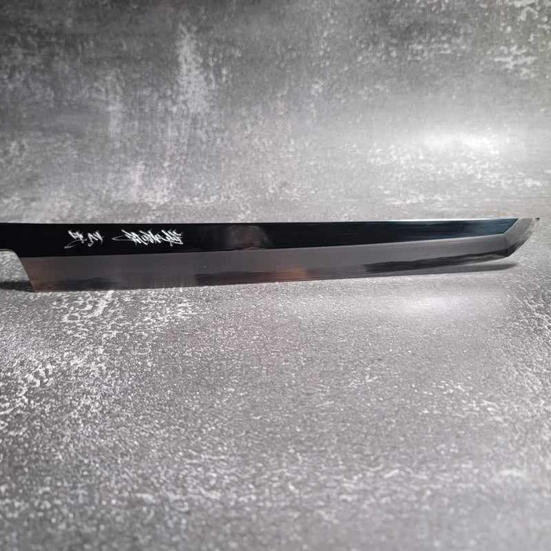 Sakai Takayuki Genbu by Itsuo Doi Blue #2 Mirror Polished 330m Sakimaru Yanigiba with Ebony Handle and Saya - Tokushu Knife