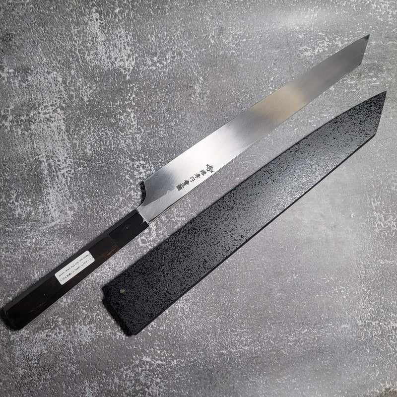 Sakai Takayuki "Hein" by Itsuo Doi Blue #2 Mirror Polished 300m Kengata Yanigiba with Ebony Handle and Saya - Tokushu Knife