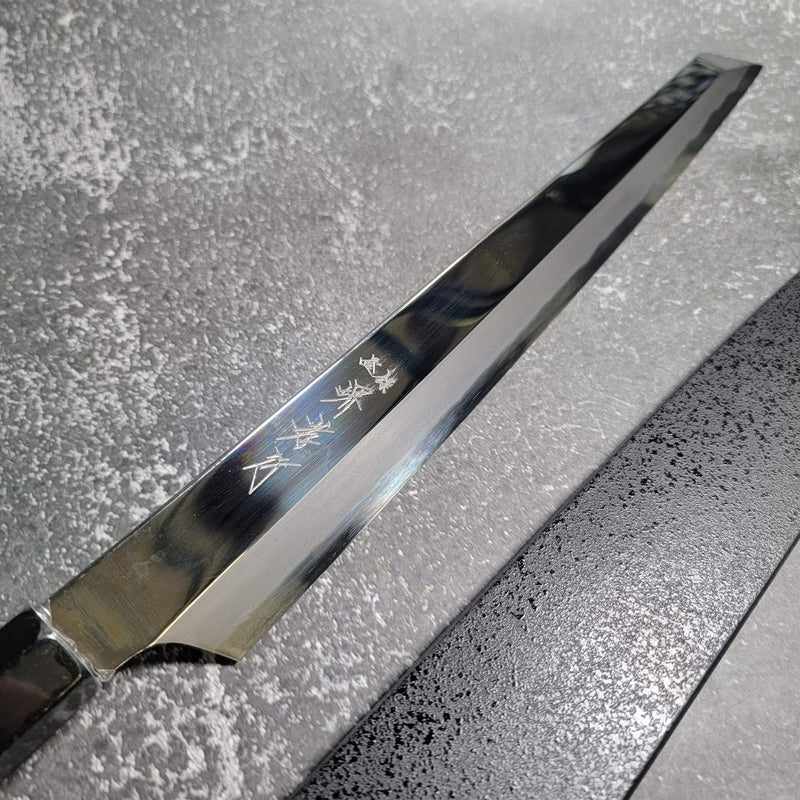 Sakai Takayuki "Hein" by Itsuo Doi Blue #2 Mirror Polished 300m Kengata Yanigiba with Ebony Handle and Saya - Tokushu Knife
