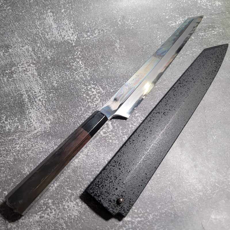 Sakai Takayuki "Hein" by Itsuo Doi Blue #2 Mirror Polished 300m Kengata Yanigiba with Ebony Handle and Saya - Tokushu Knife