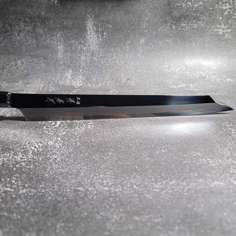 Sakai Takayuki "Hein" by Itsuo Doi Blue #2 Mirror Polished 300m Kengata Yanigiba with Ebony Handle and Saya - Tokushu Knife