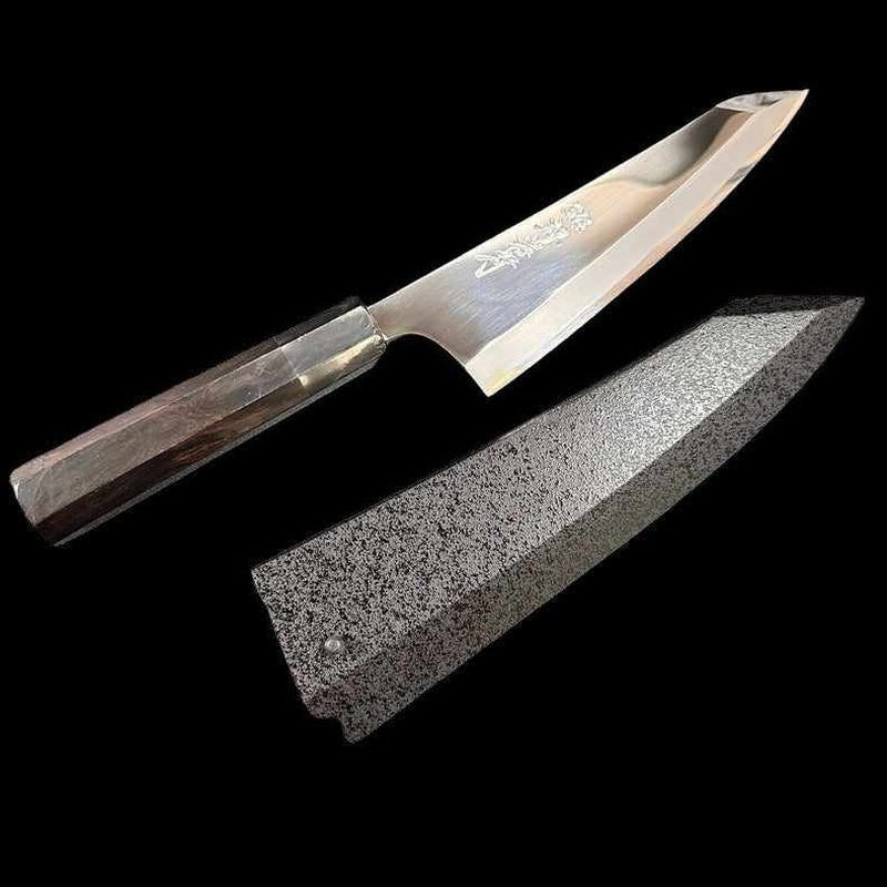 Sakai Takayuki Hienn Series by Itsuo Doi Blue #2 Hammer Forged Ni Mai Kengata-Deba 180mm with Saya Sheath - Tokushu Knife