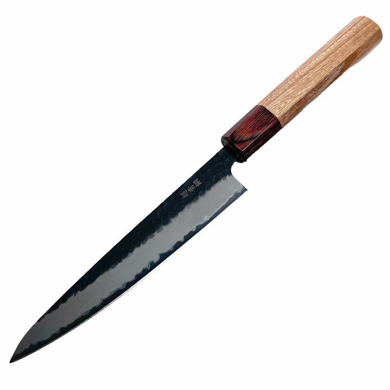 Sakai Takayuki Stainless Clad Aogami Super Kurouchi Tsuchime 150mm Petty with Japanese Zelkova and Mahogany Wa Handle Tokushu Knife.