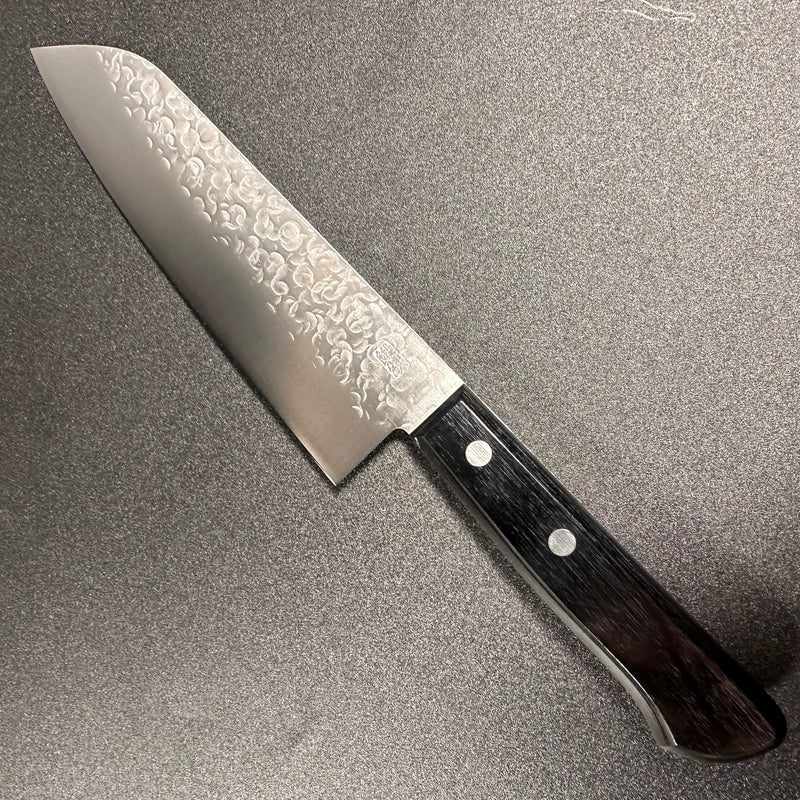 Takamura Stainless Clad Chromax Tsuchime 170mm Santoku with Black Pakkawood Scales Western Style Handle Tokushu Knife.