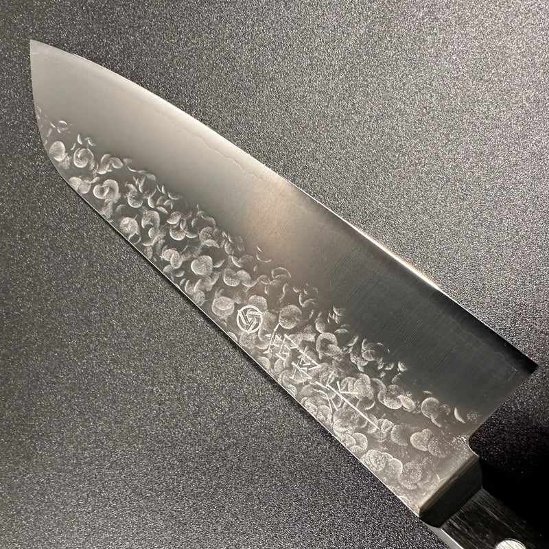 Takamura Stainless Clad Chromax Tsuchime 170mm Santoku with Black Pakkawood Scales Western Style Handle Tokushu Knife.