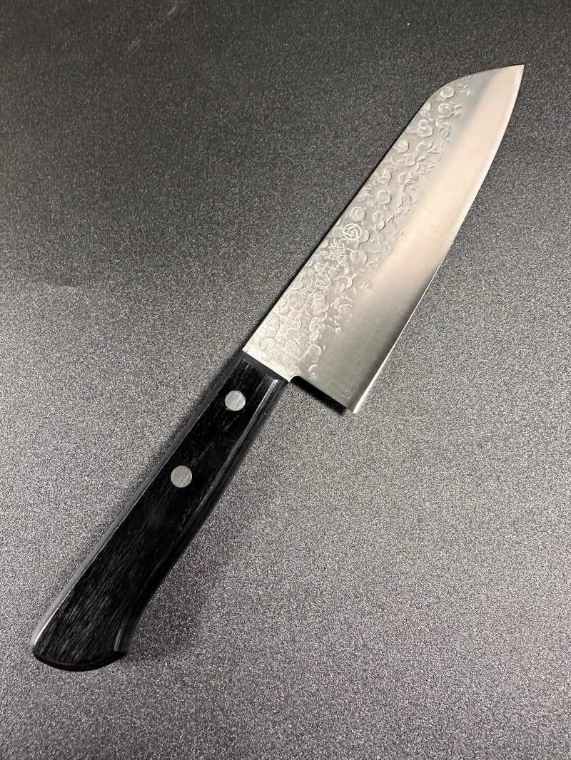 Takamura Stainless Clad Chromax Tsuchime 170mm Santoku with Black Pakkawood Scales Western Style Handle Tokushu Knife.