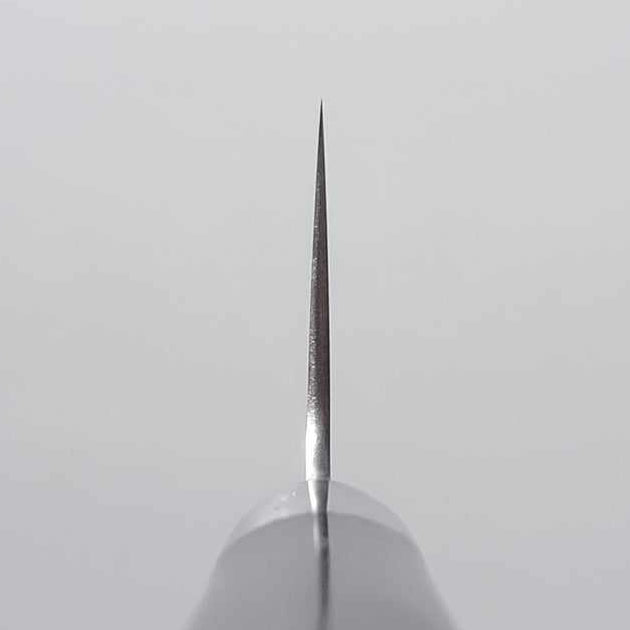 Takamura VG-10 Migaki Gyuto knife with a polished 180mm blade and black handle Choil Shot
