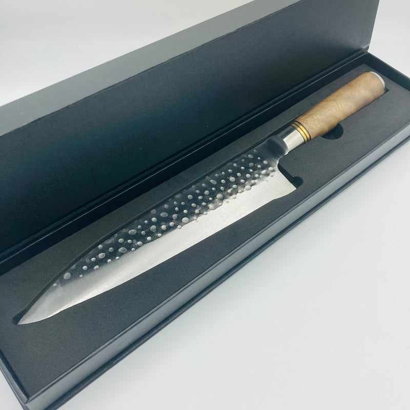 Takeshi Saji SG2 Polished Tsuchime 240mm Gyuto with Quince Western Handle Tokushu Knife.