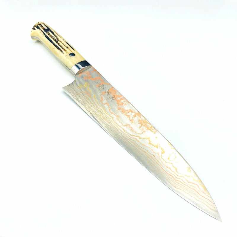Takeshi Saji Staghorn Rainbow Blue Steel 210mm Gyuto Tokushu Knife.