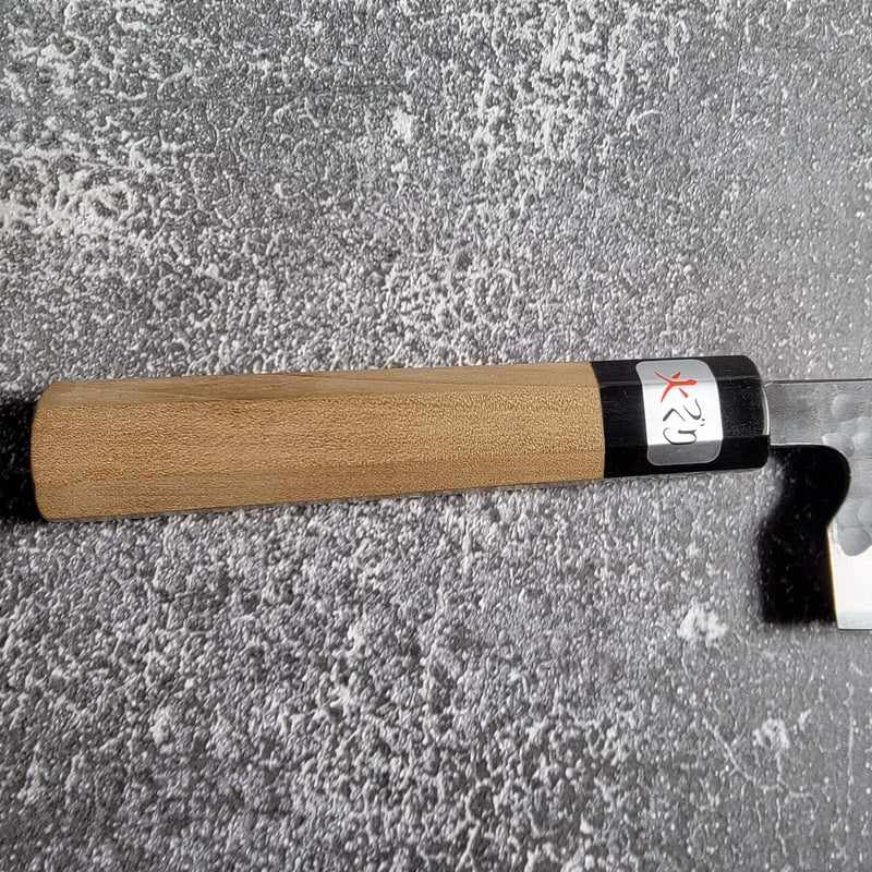Teruyasu Fujiwara Denka Stainless Clad Kurouchi Tsuchime 240mm Gyuto with Magnolia and Horn Wa Handle Tokushu Knife.