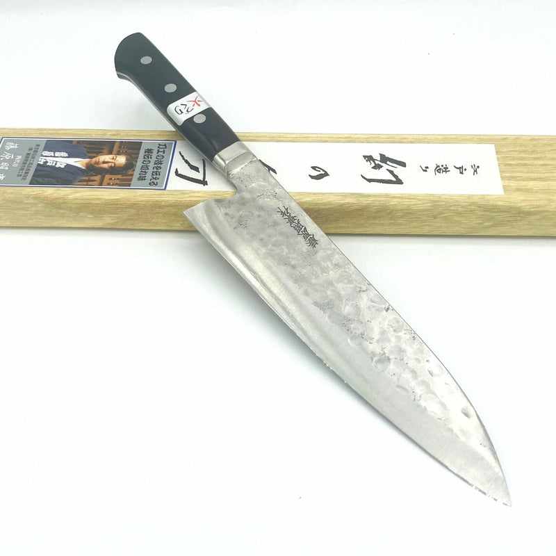 Teruyasu Fujiwara Maboroshi Stainless Clad Tsuchime 195mm Gyuto with Black Western Handle Tokushu Knife.