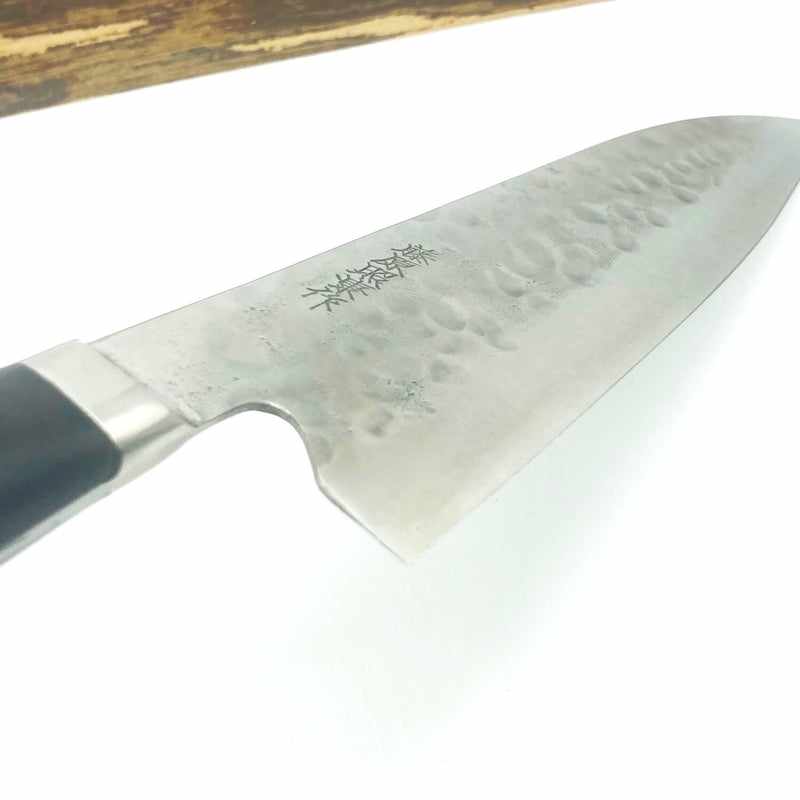Teruyasu Fujiwara Maboroshi Stainless Clad Tsuchime 195mm Gyuto with Black Western Handle Tokushu Knife.