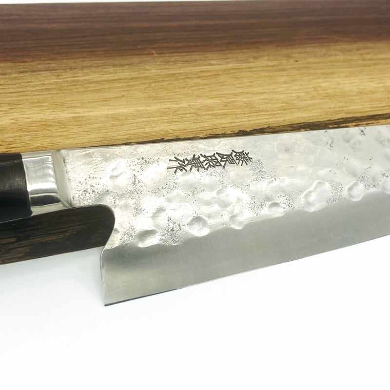 Teruyasu Fujiwara Maboroshi Stainless Clad Tsuchime 195mm Gyuto with Black Western Handle Tokushu Knife.