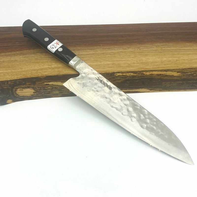 Teruyasu Fujiwara Maboroshi Stainless Clad Tsuchime 195mm Gyuto with Black Western Handle Tokushu Knife.