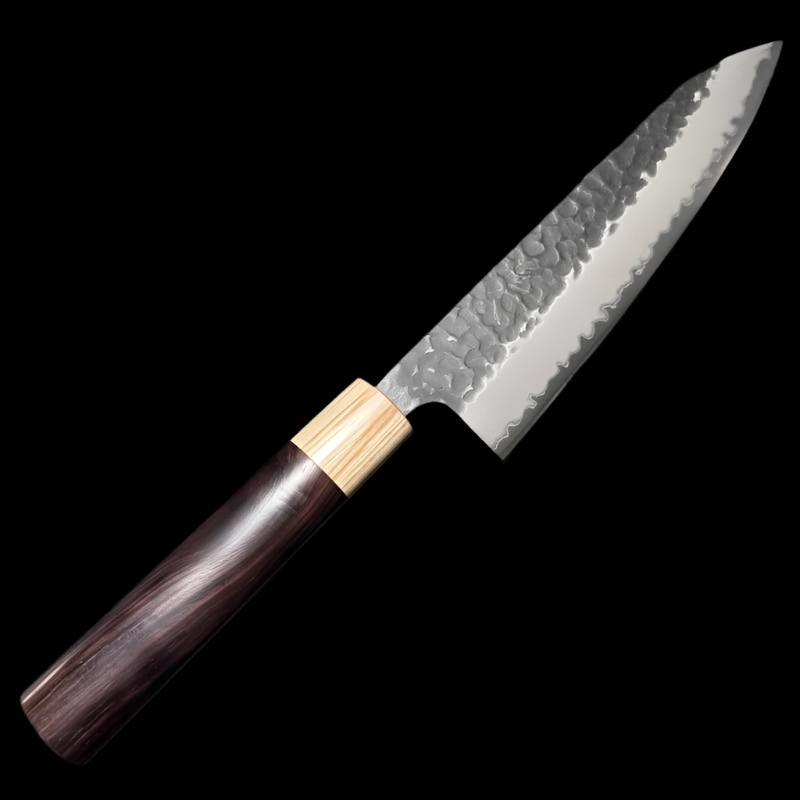 Tsunehisa Stainless Clad Aogami Super Kurouchi Tsuchime 180mm Gyuto with Morado Wa Handle Tokushu Knife.