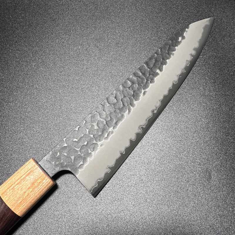 Tsunehisa Stainless Clad Aogami Super Kurouchi Tsuchime 180mm Gyuto with Morado Wa Handle Tokushu Knife.