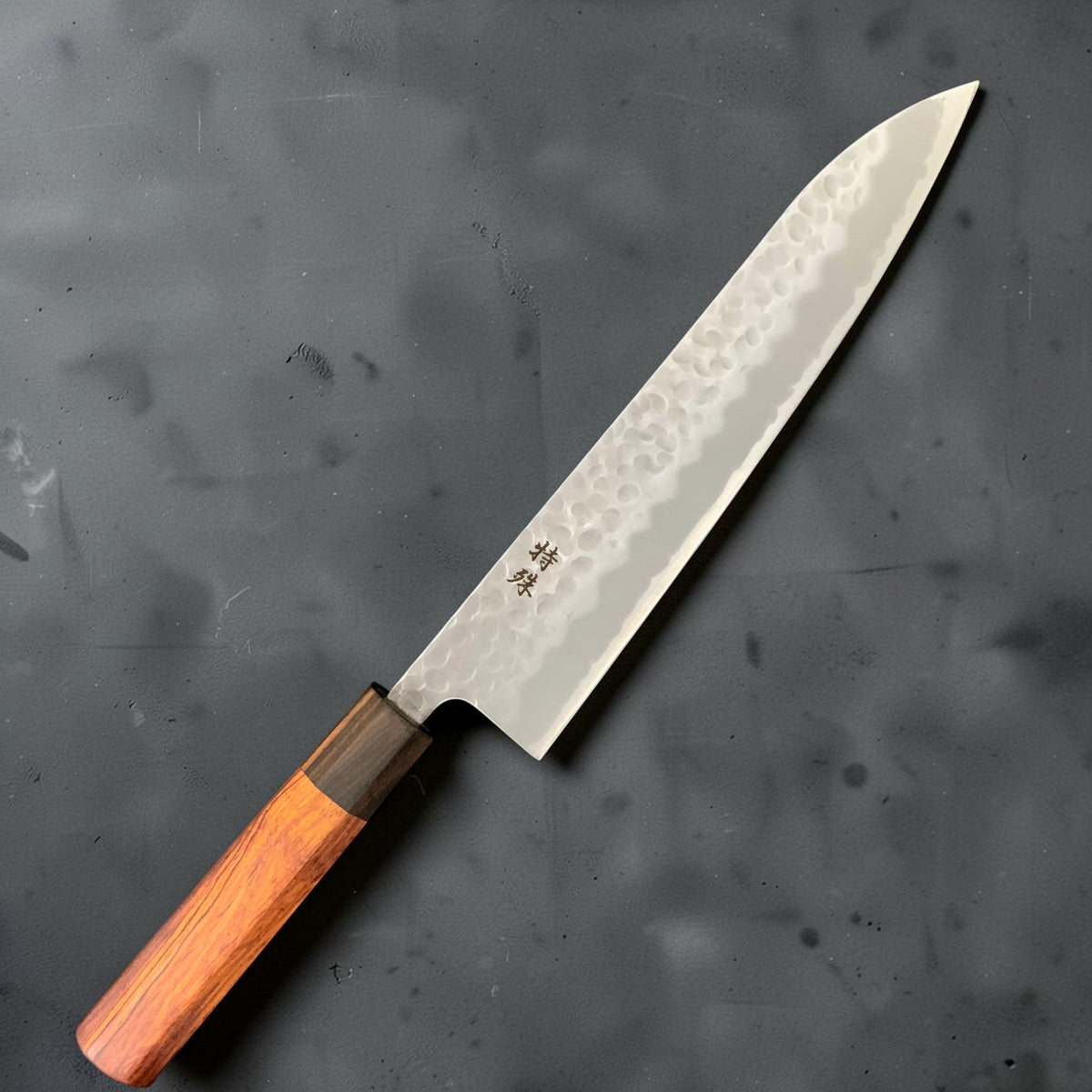 Tokushu White #2 240mm gyuto with tsuchime finish and engraved blade, full side view