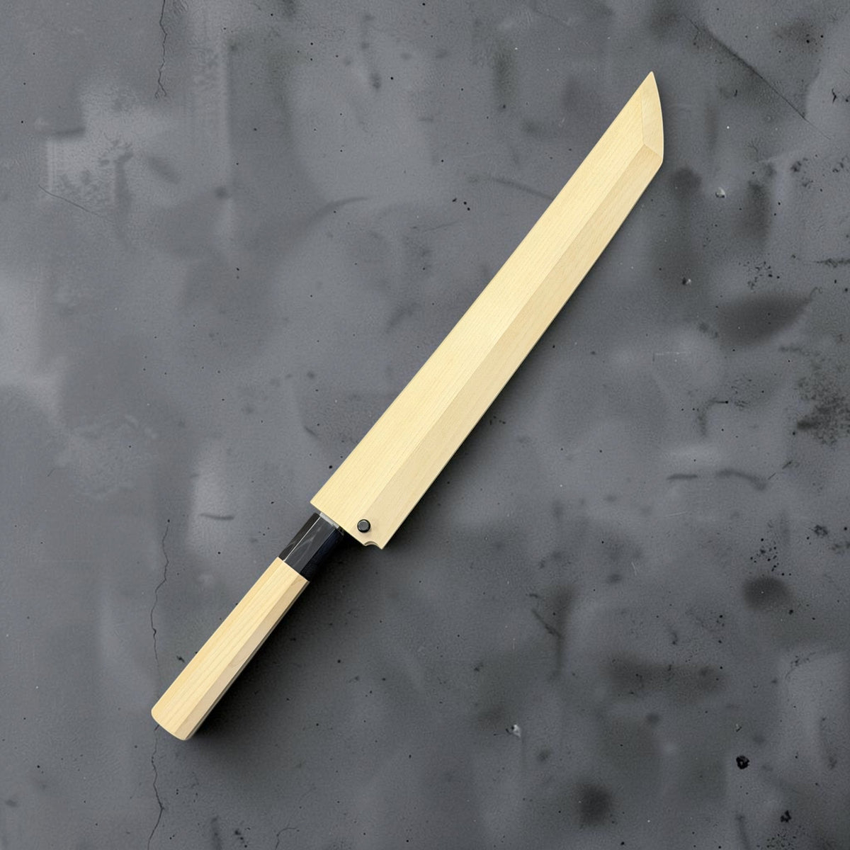 Yoshikazu Tanaka 300mm sakimaru yanagiba in its included wooden saya with retaining pin