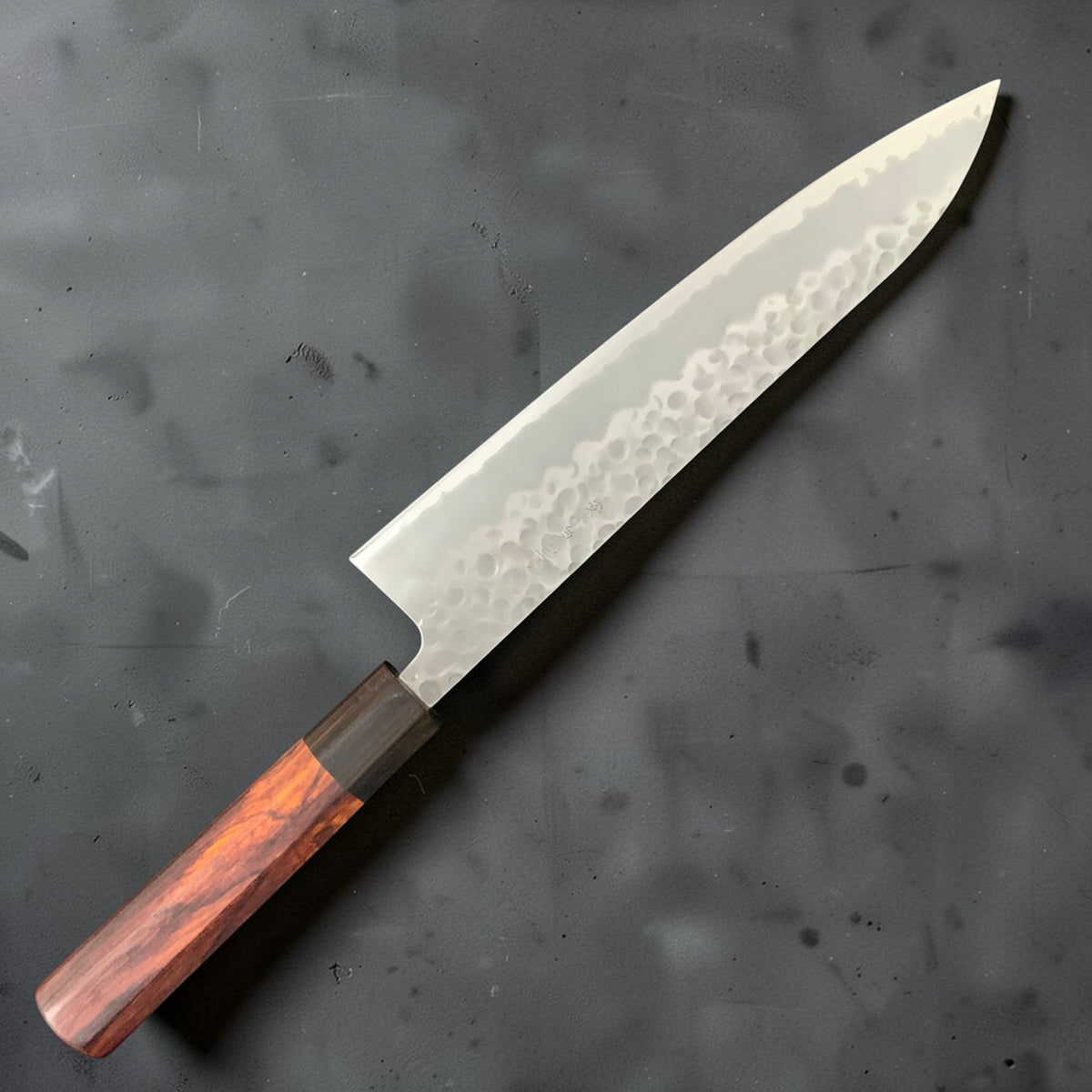 Tokushu stainless-clad 240mm gyuto reverse blade and rosewood wa handle with ebony ferrule
