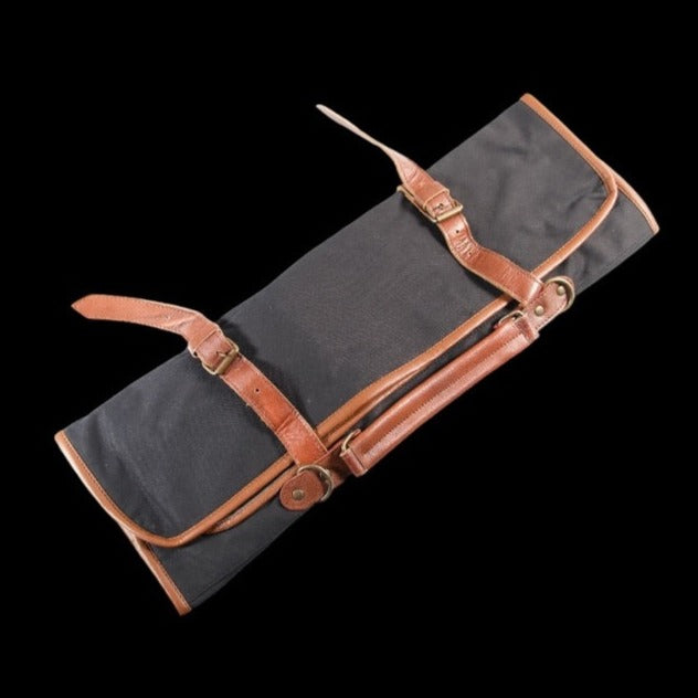 Canvas knife roll made for Japanese knives with brown leather straps