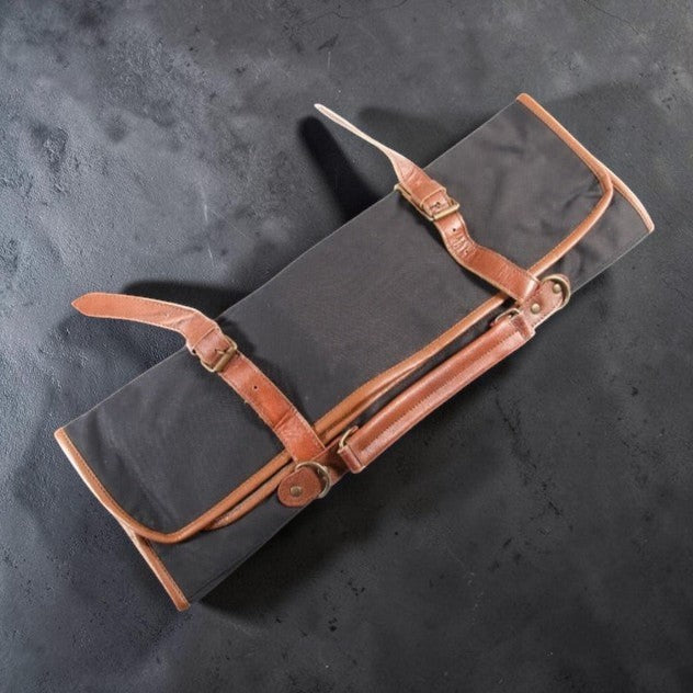 Canvas knife roll made for Japanese knives with brown leather straps