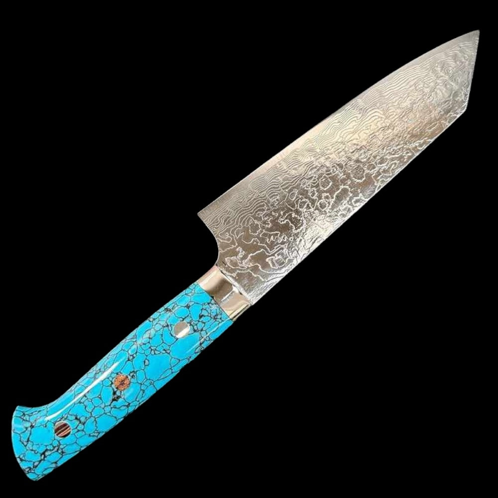 Takeshi Saji R2 Diamond Damascus 180mm Bunka Turquoise Handle