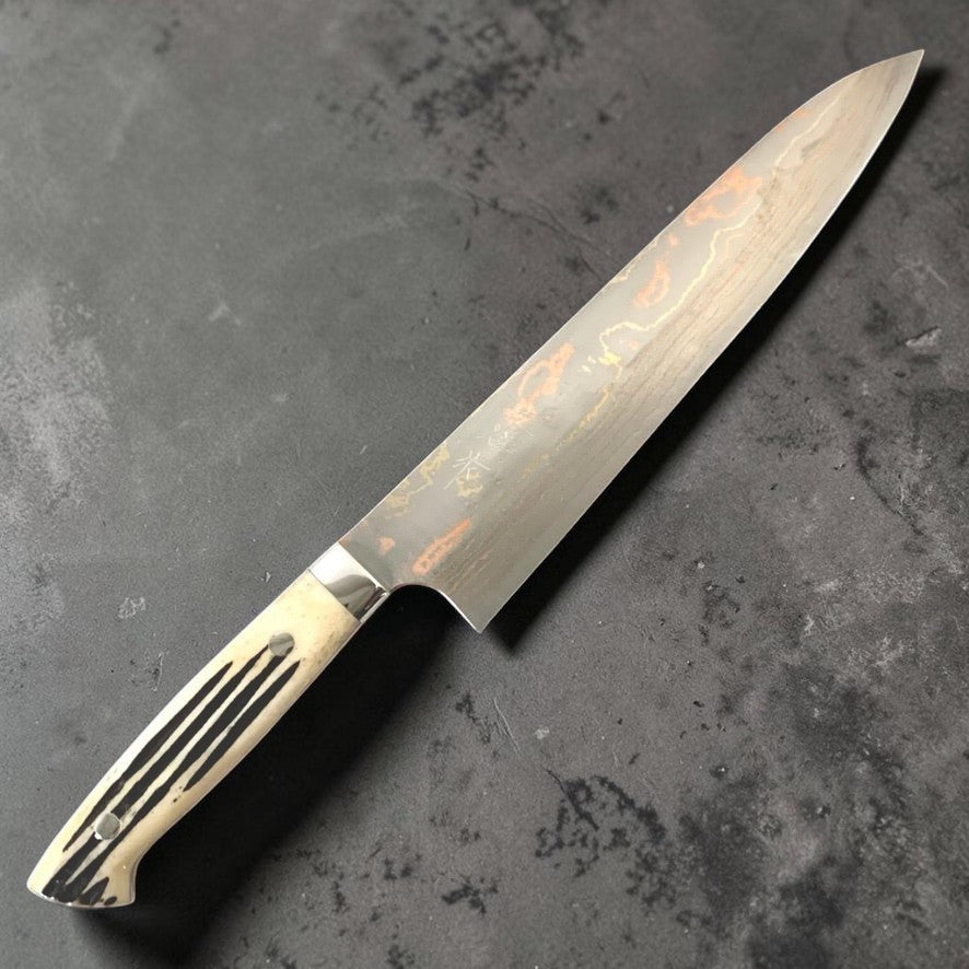 Takeshi Saji Blue #2 240mm Rainbow Gyuto with Cow Horn Handle