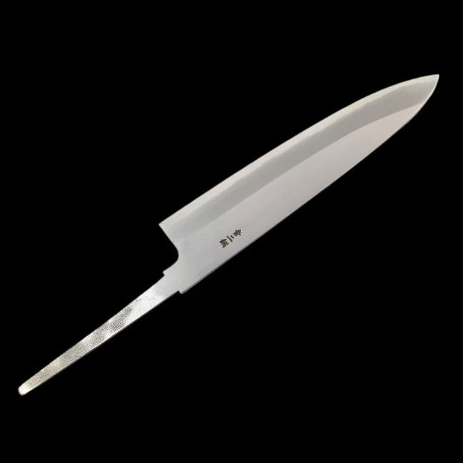 Sakai Kikumori 240mm Gyuto No Handle upside down, on black backdrop