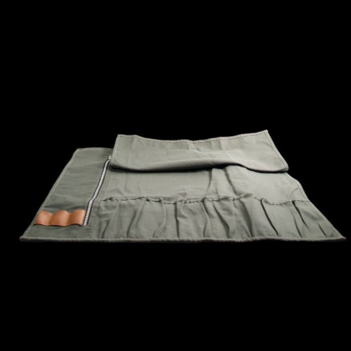 Olive Canvas knife roll showing pockets for handles 