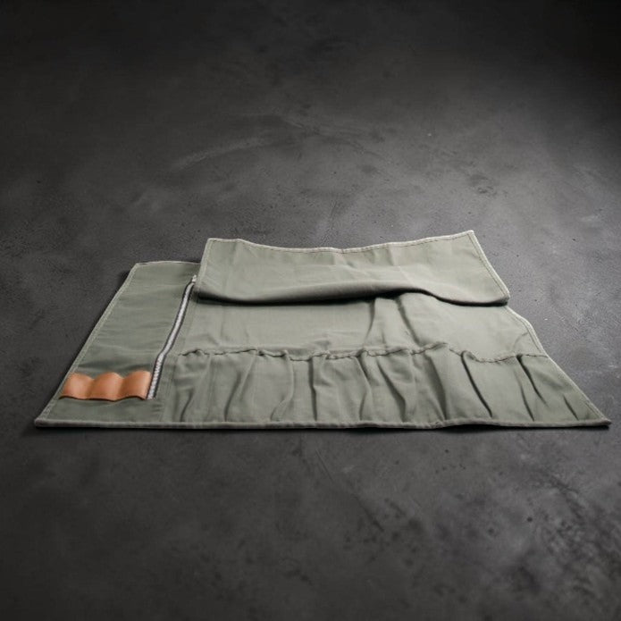 Olive Canvas knife roll showing pockets for handles