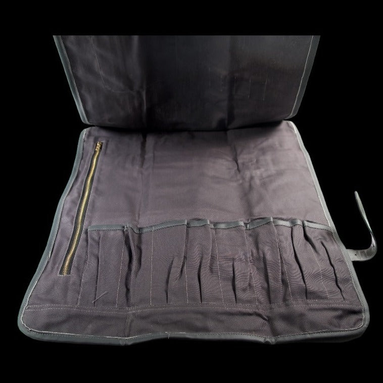 Blue canvas knife roll for Japanese Knives showing handle pockets