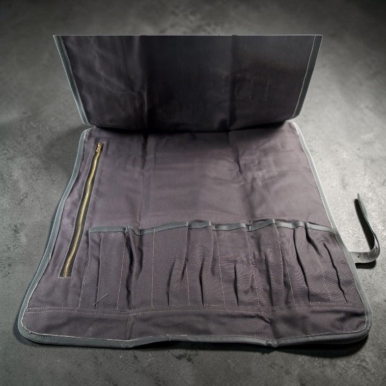 Blue canvas knife roll for Japanese Knives showing handle pockets